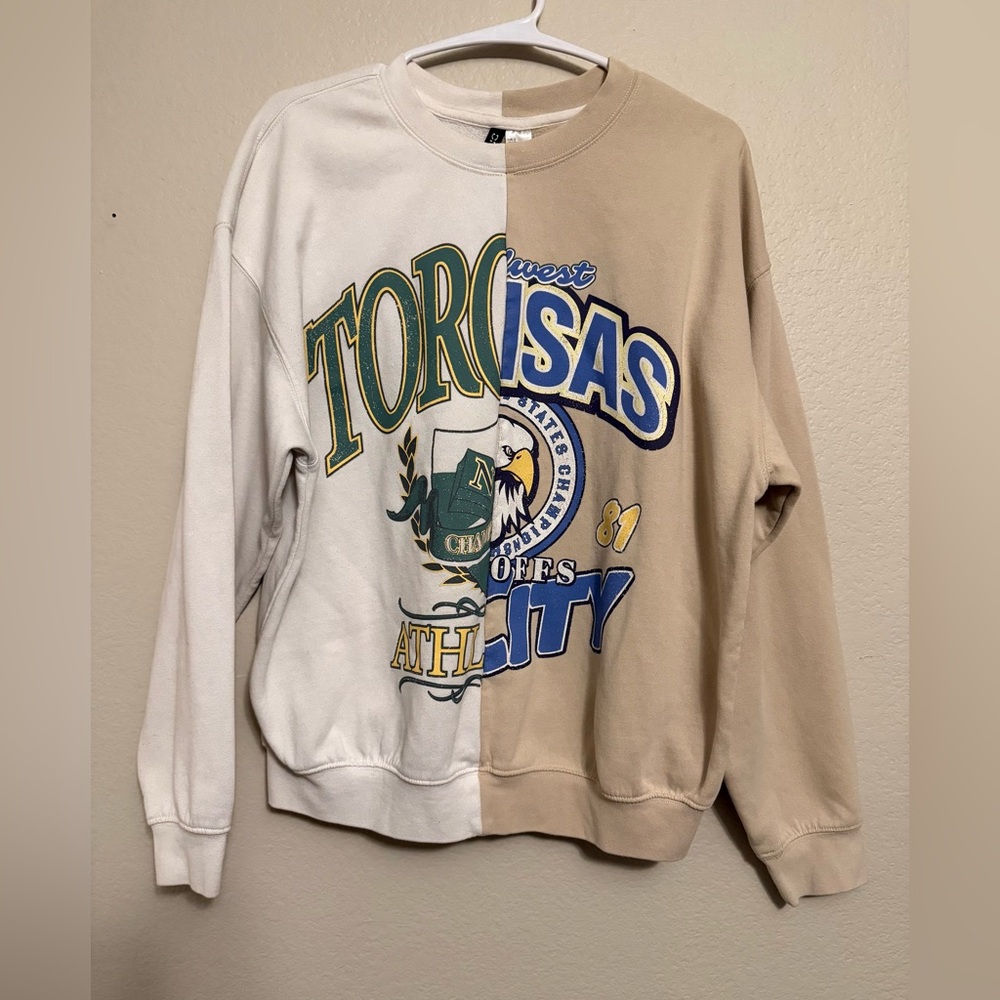 H&M Split-Color Crewneck Sweatshirt in Cream & Tan